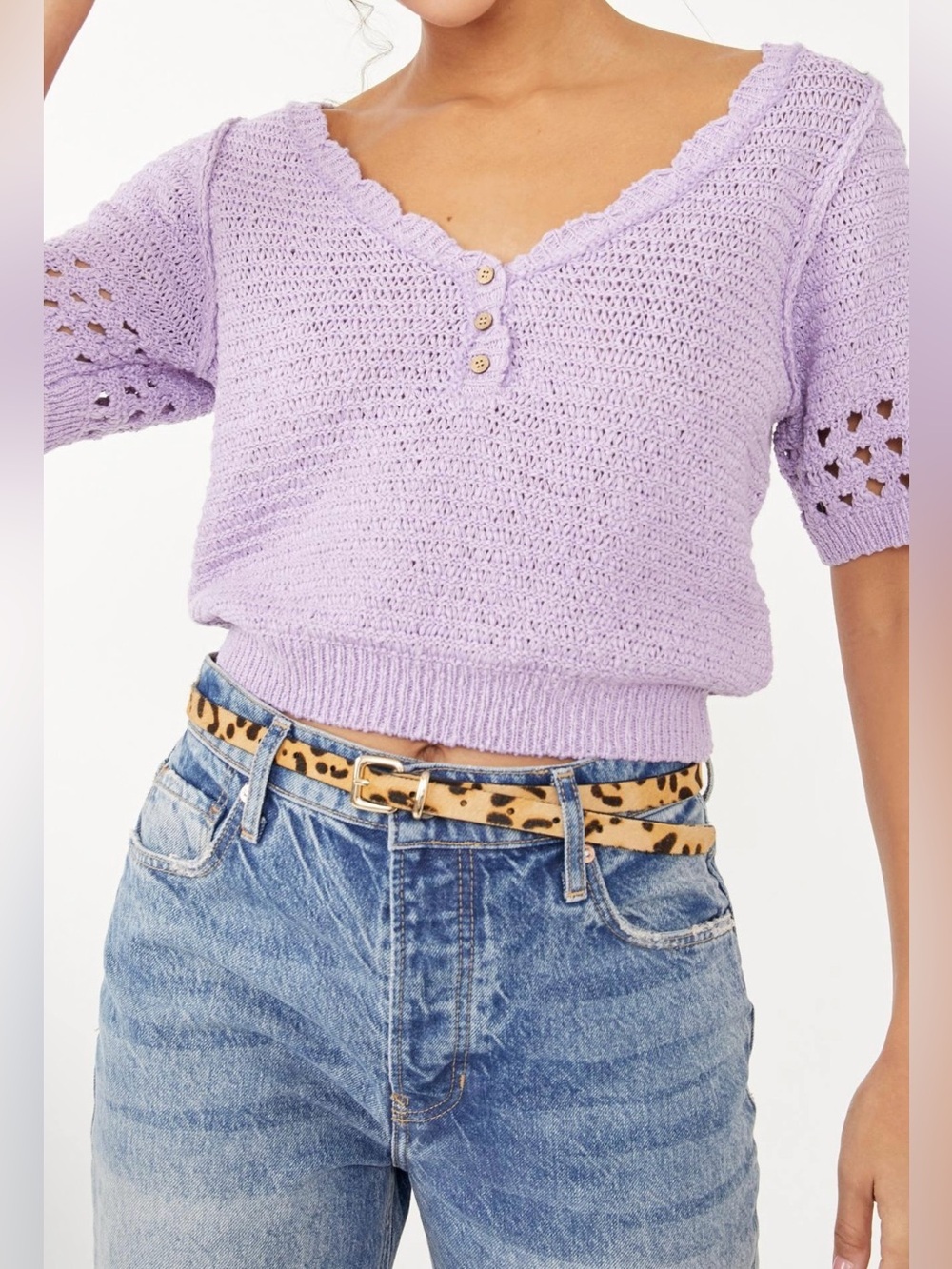 Free People Lavender Open-Knit Short Sleeve Sweater - Size S